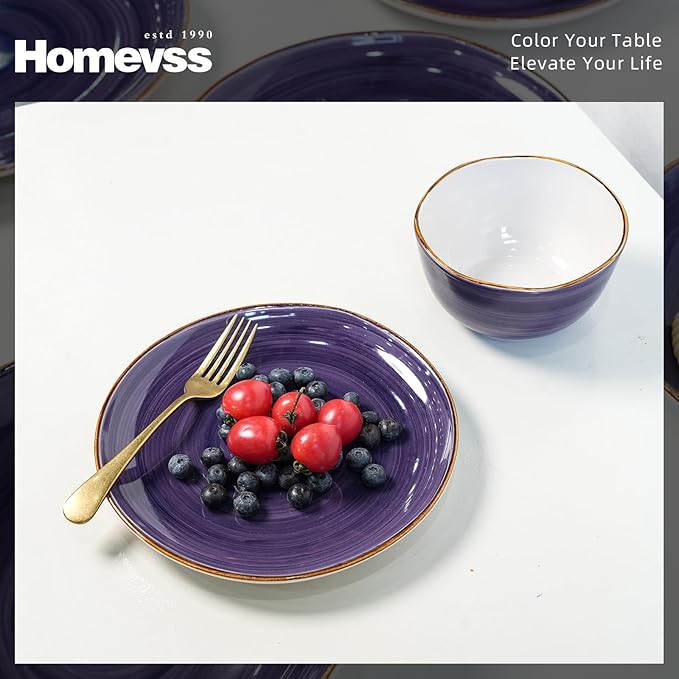 Highland 16-Piece Dinnerware Set Service for 4, Organic Shape Stoneware Plates and Bowls Set, Scratch Resistant, Microwave and Dishwasher Safe, Speckled Effect Handcrafted, Swirl Purple