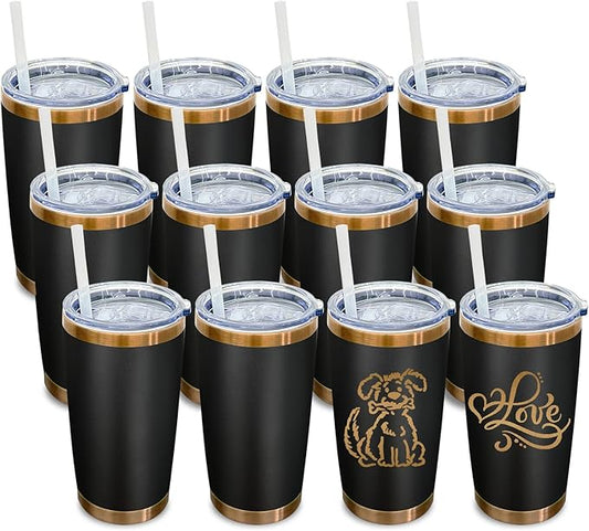 20 oz Tumbler Bulk 12 Pack Stainless Steel Tumbler with Lid and Straw, Double Wall Vacuum Insulated Travel Coffee Mug for Laser Engrave, Powder Coated Cup for Hot and Cold Drinks (Black,12 pack)