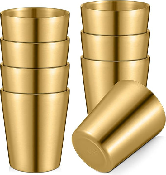 8 Pack Stainless Steel Insulated Cup Metal Tumbler Double Wall Vacuum Water Glasses Camping Reusable Mugs Bbq Home Office Party Coffee (Gold,8.8 oz)