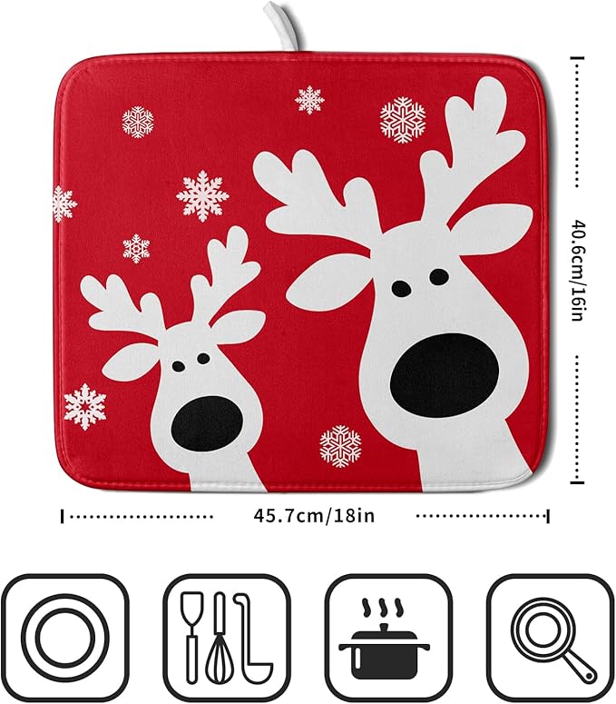 Xmas Dish Drying Mat for Kitchen Counter Cute Reindeer Holiday Snowflake Microfiber Absorbent Dish Draining Reusable Washable Foldable 16"x18"
