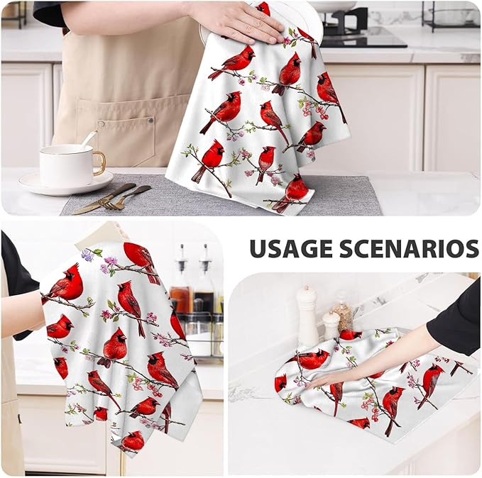Red Cardinal Kitchen Towels Set of 2 Christmas Dish Towels Absorbent Tea Hand Towel for Baking Cooking, Cardinal Lovers Gifts for Women, Winter Kitchen Christmas Decor