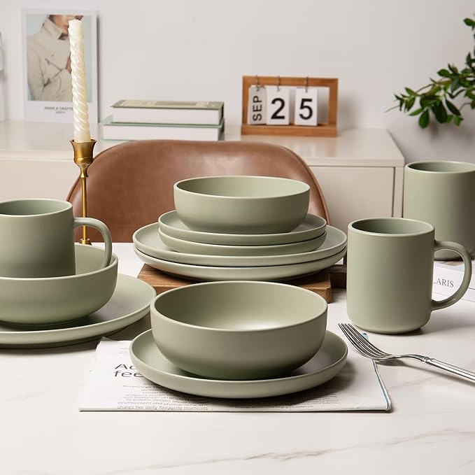12-Piece Matte Green Dinnerware Set,Stoneware Dinnerware for 4, Microwave & Dishwasher Safe, Stackable Design for Kitchen and Dining - Plates and Bowls