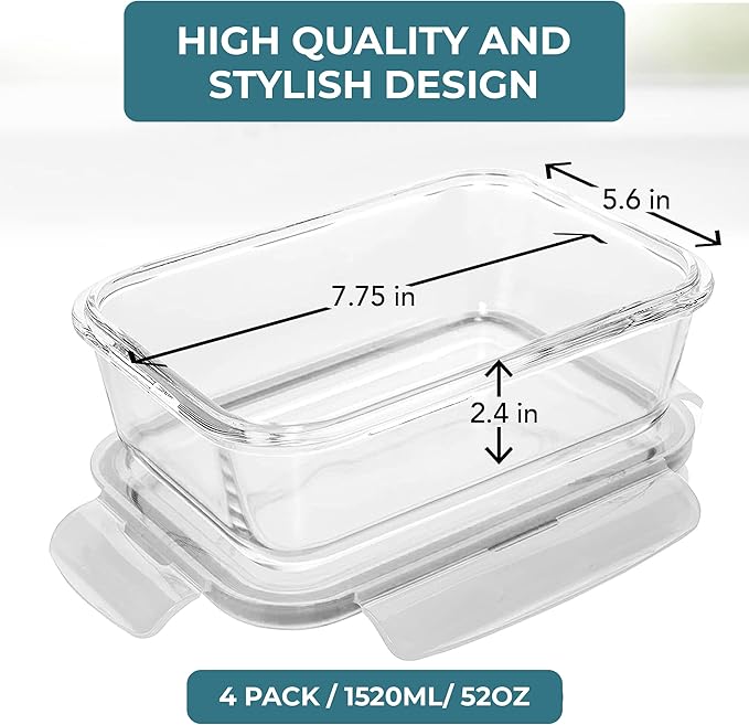 Razab 6.5 Cups / 52 Oz 4 Piece (2 Containers + 2 Lids) Glass Food Storage Containers Set with Airtight Locking Lids - For Storing, Baking & Serving BPA Free, Leakproof - Microwave, Freezer & Oven Safe
