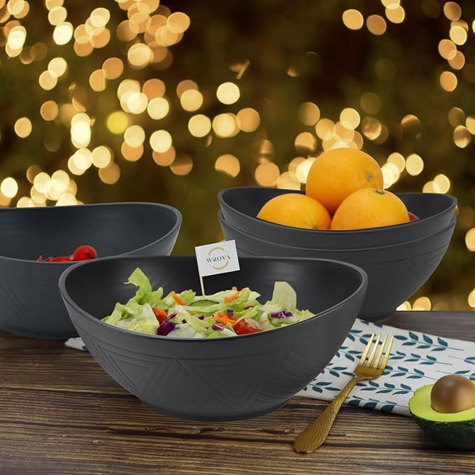 Wrova 65oz Large Salad Bowls Black - Wheat Straw Salad bowls Set of 4 - Unbreakable Salad Bowls Dishware & Microwave Safe - BPA Free Bowls for kitchen,camping