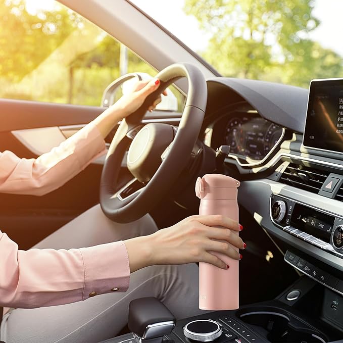 17 oz / 500 ml Insulated Water Bottle, Stainless Steel Thermo Coffee Travel Mug, Thermal Cup with Snap Flip Lid, BPA Free for Hot and Cold Drinking, Pink