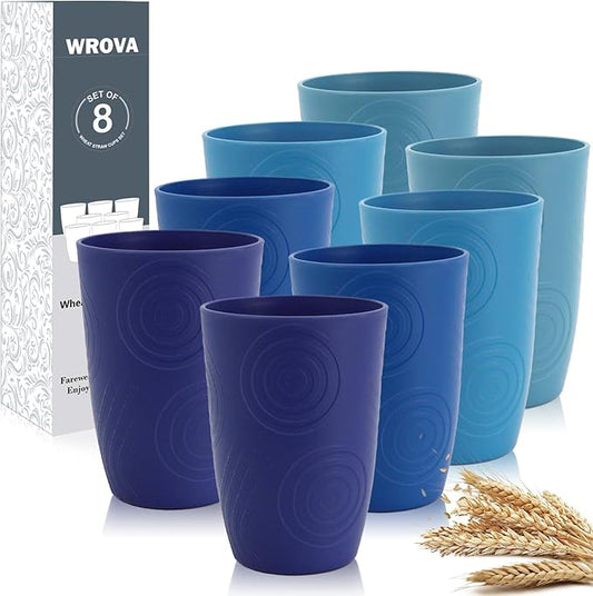 Wrova Wheat Straw Cups 16oz set of 8 - Alternative Plastic Cups Dishwasher Safe - Plastic Drinking Cups Unbreakable for Kids - Ocean Series