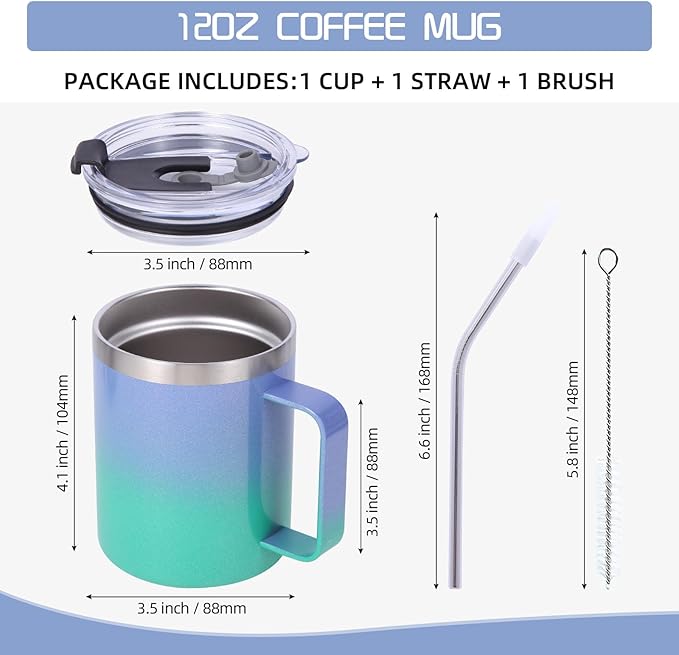 Volhoply 12oz Insulated Leakproof Coffee Mug with Flip & Straw Lid,Double Wall Vacuum Stainless Steel Travel Tumbler Cup with Handle,Reusable Camping Mugs Keep Cold/Hot(Purple Green,1 Set)