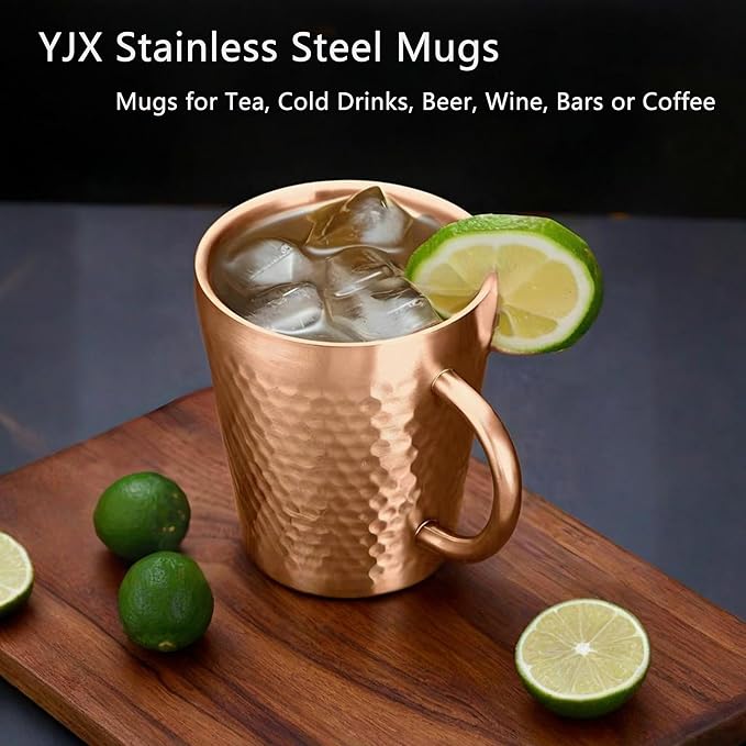 YJX 5.9oz Mugs Set of 4, Hammered 304 Stainless Steel Coffee Cups, Double Wall Insulated Mug, Copper Tea Cup with Handle, Lightweight Teacups, for Tea, Cold Drinks, Beer, Wine, Bars, Parties(175ml)