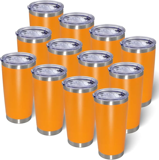 20oz Tumbler Bulk Stainless Steel Tumblers with Lid Vacuum Insulated Double Wall Travel Coffee Mug Powder Coated Tumbler Cup for Hot and Cold Drinks(Orange, 12 pack)