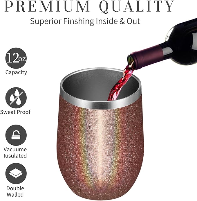 MEWAY Stemless 12 OZ Wine Tumbler Glasses with Lid -Insulated Double Wall Vacuum Stainless Steel Glitter Tumbler with Straw,for Woman Under 10 dollars (Rainbow Rose Gold,1)