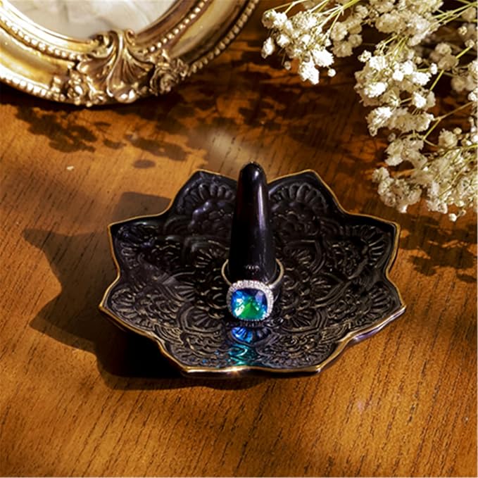 Ceramic Mandala Ring Holder, Decorative Jewelry Dish, Trinket Tray Room Decor, Engagement Wedding Birthday Gifts for Women (Black)
