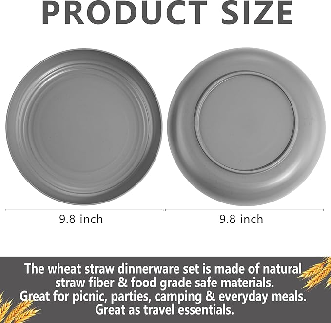 supernal 16pcs Dark Grey Wheat Straw Plates, Deep Dinner Plastic Plates, Reusable Plate, 10 inch Unbreakable Plate Set for Picninc, Camping, Lightweight Microwave Dishwasher Safe