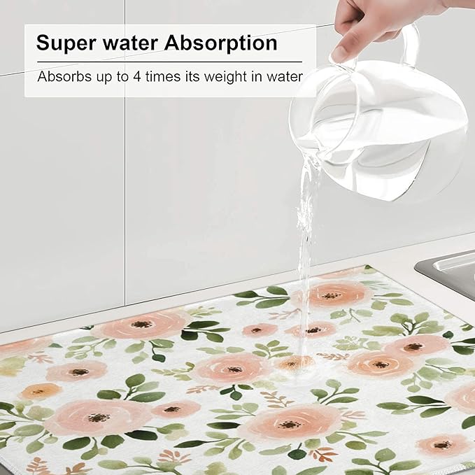 Watercolor Floral Dish Drying Mat for Kitchen Counter Microfiber Super Absorbent Non-Slip Dish Drying Pad for Countertops Dishes Utensils Stylish Quick-Dry Machine Washable 18x24 Inch