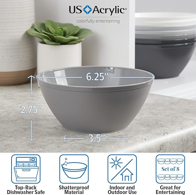 US Acrylic Unbreakable 28 oz. Plastic Stackable Cereal Bowls for Snacks & Ice Cream in Grey Colors (Set of 8) 6-inch Reusable, BPA-Free, Made in the USA, Dishwasher Safe Dinnerware