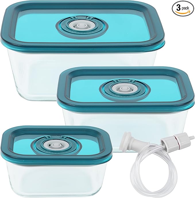 Avid Armor BPA-Free Borosilicate Glass Vacuum Containers, Set of 3 (12.5 oz, 23.7 oz, 38.9 oz) – Green SAN Lid with Date Coding, Works with Most Vacuum Sealers for Dry Goods & Marinating Includes Hose