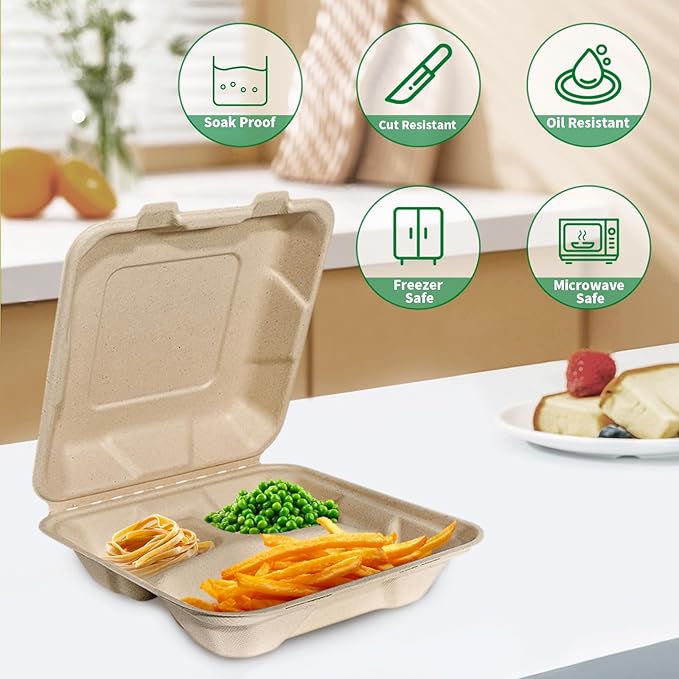 Aricsen Compostable 100 Pack 8x8 Inch 3 Compartment Takeout Lunch Box Containers with Lid To Go Take Out Clamshell for Food, Disposable Eco-Friendly Biodegradable Bagasse, PFAS-Free, Unbleached Brown