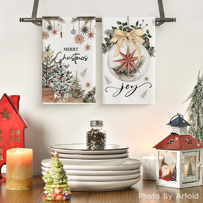 Artoid Mode Beige Xmas Tree Merry Christmas Kitchen Towels Dish Towels, 18x26 Inch Holiday Gloves Ball Hello Winter Decoration Hand Towels Set of 4