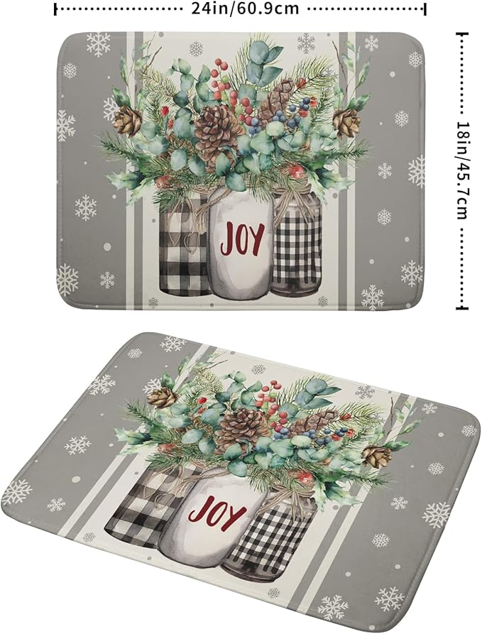 Christmas Dish Drying Mat for Kitchen Counter 18x24 Inch,Large Winter Poinsettia Berry Pinecone Grey Dish Drainer Rack Mats Heat Resistant Foldable Absorbent Draining Pad