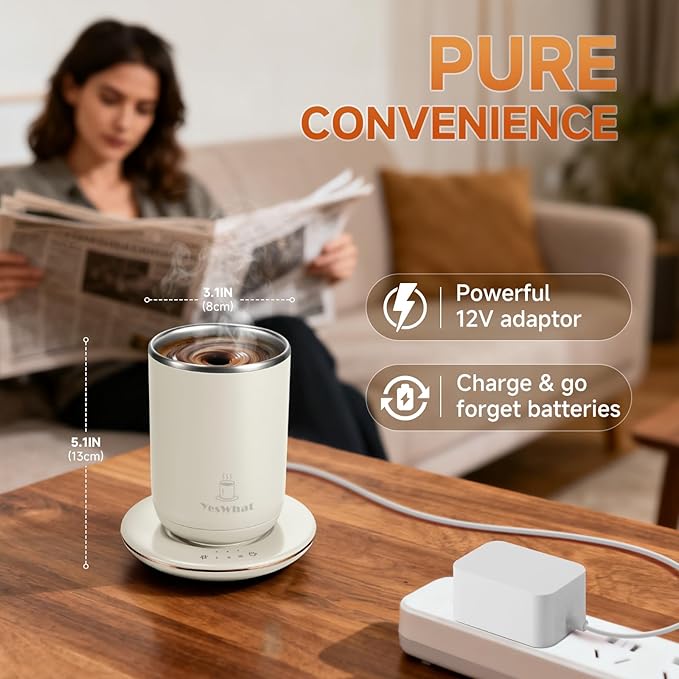 Automatic Self Stirring Coffee Mug with Lid, Smart Temperature Control USB Powered Coffee Milk Cocoa Cup, 11 oz White Stainless Steel Mug Warmer