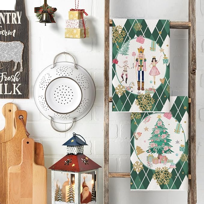 Artoid Mode Green Nutcrackers Tree Christmas Kitchen Towels Dish Towels, 18x26 Inch Gift Box Snowflake Winter Decoration Hand Towels Set of 2