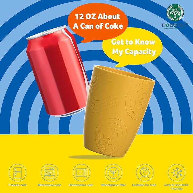 Homienly Wheat Straw Cups 8 Pcx Unbreakable Drinking Cup Reusable Dishwasher Safe Microwave Safe Plastic Reusable Cups with Yellow Color (12 OZ)