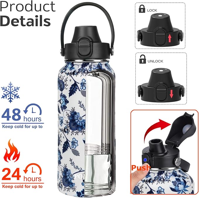 Water Bottle Insulated 32oz 40oz 64oz 128oz Straw Lid Spout Lid & 3 Lids, Leak Proof, Vacuum Insulated,Stainless Steel Water Bottle Wide Mouth for Sports, Gym or Office