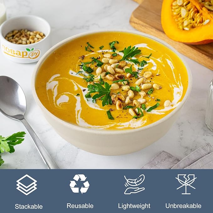 Wheat Straw Bowls 60 OZ Large Salad Bowl Set of 6, Microwave and Dishwasher Safe Plastic Serving Bowls, Unbreakable Kitchen Bowl, Big Bowls for Eating, Soup, Popcorn and Ramen (Beige)