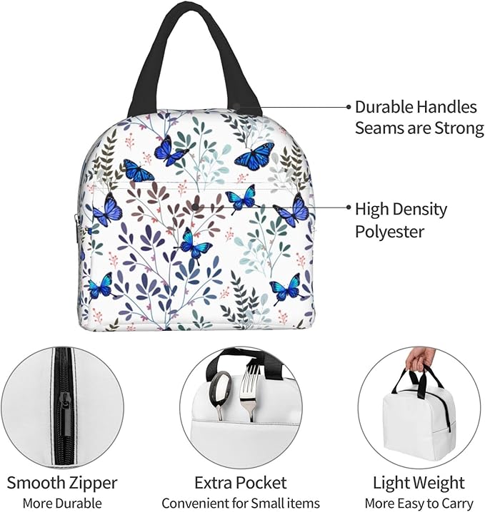 Butterfly Insulated Lunch Bag with Front Pocket,Reusable Cooler Tote with Zipper Use for Men & Women Camping/Hiking/Picnic/Beach/Travel