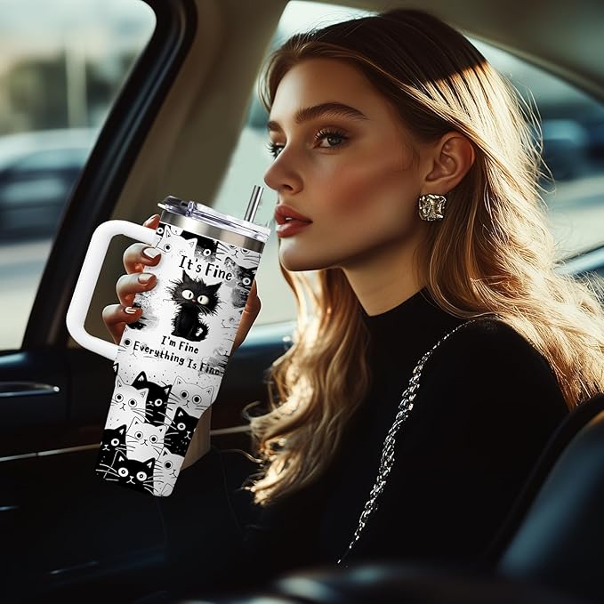 Cat Gifts for Women Girls Funny Black Cat Cup Tumbler with Handle 30oz Everything Is Fine Cats Themed Insulated Travel Coffee Mugs Cool Gifts for Cats Lovers Mom Christmas Birthday Present