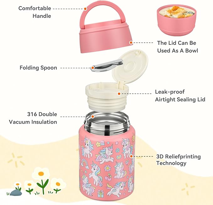 17oz Soup Thermo for Hot Food Kids Insulated Food Jar,Thermo Hot Food Lunch Container, Width Mouth Stainless Steel Lunch Box for Kids with Handle Folding Spoon (Pink-Unicorn)