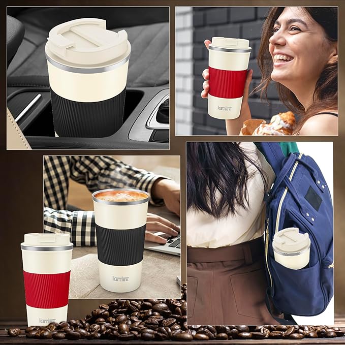 KETIEE 12oz Travel Mug: Vacuum Insulated Coffee Cup with Leakproof Lid, Travel Coffee Mug Stainless Steel Double Walled Reusable Coffee Cup for Hot and Cold Water Coffee (Beige)