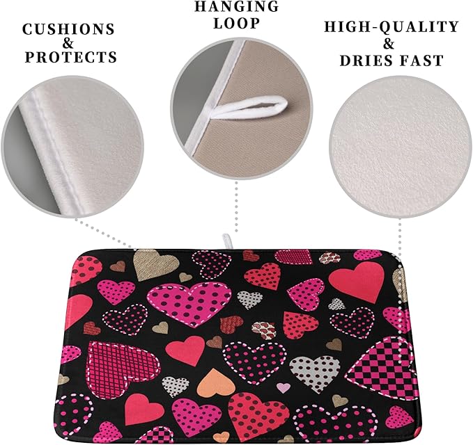 Valentine's Day Kitchen Drying Mats for Dishes 16x18 Inch Love Heart Dish Drying Mat Black Pink Polka Dots Dish Drainer Mat Super Absorbent Dish Rack Pad for Coffee Bar Sinks