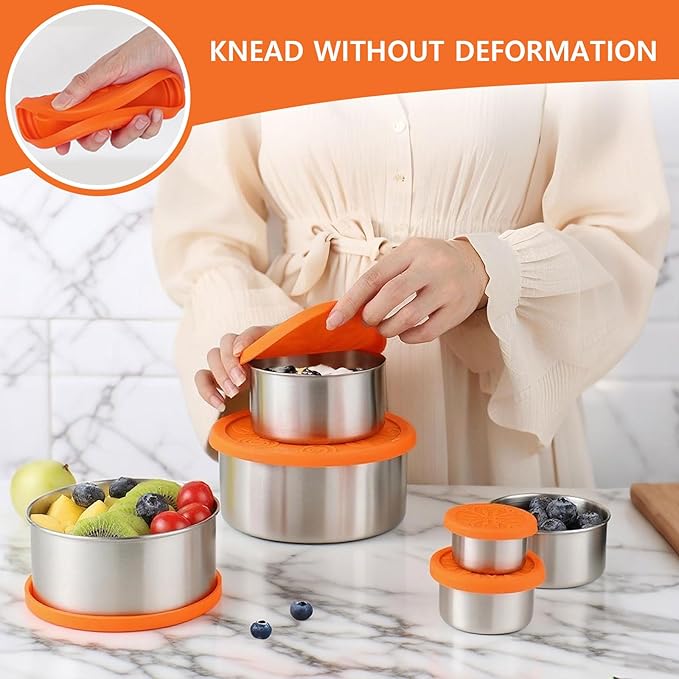 6 Pack Stainless Steel Snack Containers with Silicone Lids, Metal Food Storage Container for Snackle Box, Nesting Lunch Box Containers for Travel