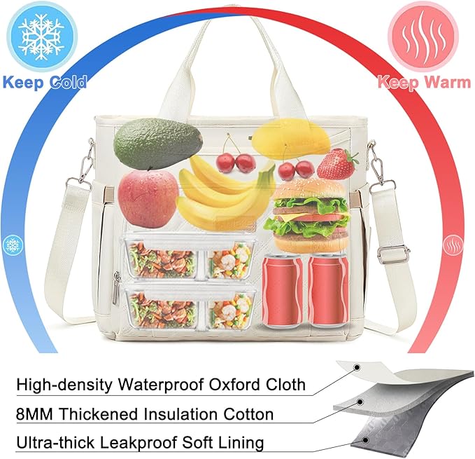 AIJIEKE Insulated Lunch Bag for Women, Lunch Box, Lunch Tote for Work, Large Leak Proof Cooler Bag with Removable Strap, Reusable Adult Lunchbag, Picnic, Office, Beach, Beige