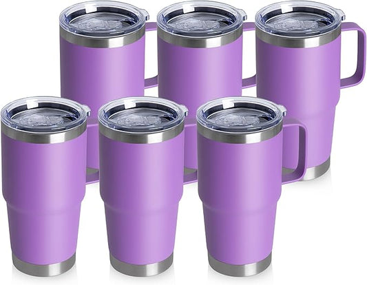 20oz Tumbler Bulk with Lid, Stainless Steel Tumbler Bulk with Handle, Metal Insulated Travel Coffee Mug Set with Handle, Double Wall Vacuum Leak Proof Tumbler Cup, Purple 6 Pack