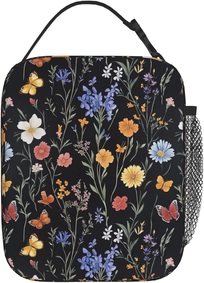 SUPLUCHOM Lunch Bag Vintage Botanical Flower Wildflower Insulated Bento Box Cooler with Side Pocket for Girl Boy Women Men Work School Picnic Hiking Daytrip
