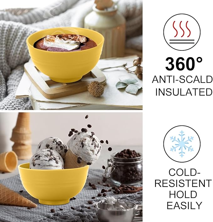 Wrova wheat straw icecream bowls 10oz set of 8 - Unbreakable Dessert Bowls Freezer Safe - Small Bowls for Yogurt,Snack and Fruits. Yellow