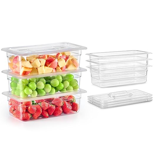 WILPREP 6 Pack Plastic Food Pans with Lids, 1/3 Size 6 in Deep Clear Food Storage Containers, 6.3 qt Stackable Polycarbonate Commercial Hotel Pans for Fruits Vegetables Beans Corns, NSF Listed