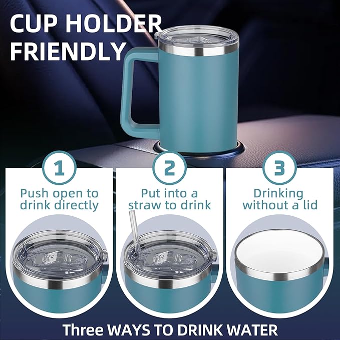 40 oz Insulated Coffee Mug with Ceramic Coating, Stainless Steel Travel Coffee Tumbler with Handle Lid and Straw, Double Wall Leak-Proof Coffee Travel Mug Keeps Drink Hot and Cold (Lake Green)