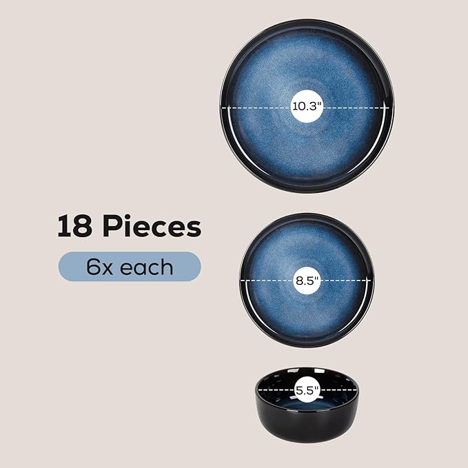 Romswi Ceramic 18Pcs Dinnerware Sets,Stoneware Plates and Bowls Set for 6, Chip & Scratch Resistant Dish Set, Handmade Reactive Glaze, Oven, Microwave & Dishwasher Safe, Dreamy Moonlight-Blue