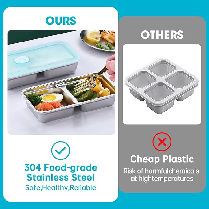 4 Pack Stainless Steel Snack Containers, 2-Compartment Lunch Boxes Reusable Food Storage Containers with Lids for Kids & Adults, School, Office, Travel, Camping