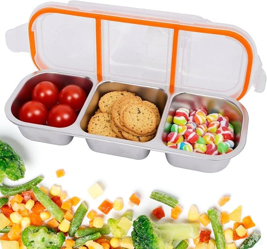 Stainless Steel Snack Containers with Lids, Reusable Condiment Storage Box, Divided Food Storage for School, Home, Travel, Multiple Compartment Leak-Proof Box (‎3 Compartment)