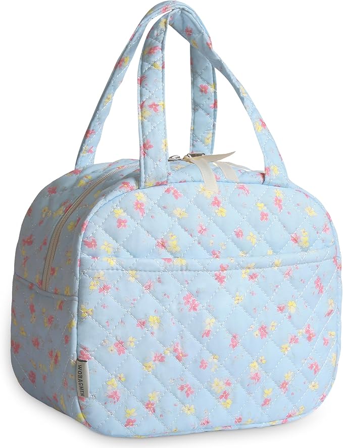 Quilted Lunch Box for Women,Insulated Cute Reusable Lunch Bag with Front Pocket,Pink Flower Stylish Lunch Tote Bag for Work, Office,Picnic, Travel,School (pink yellow floral)