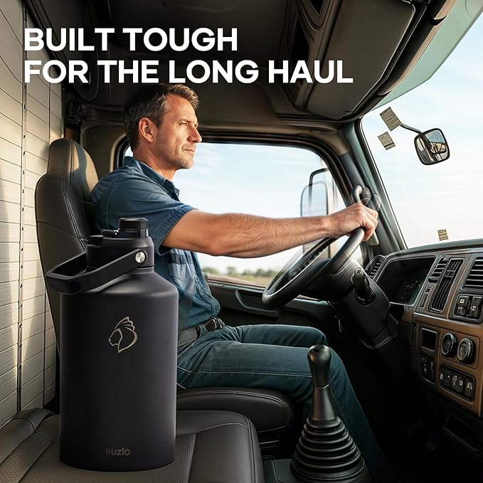 BUZIO 1.5 Gallon Water Bottle Insulated, (Cold for 48 Hrs) 196oz Large Water Jug Stainless Steel, 3.58in Big Wide Mouth Leak Proof BPA Free Flask with Carrying Sleeve for Camping,Gym,Travel, Black