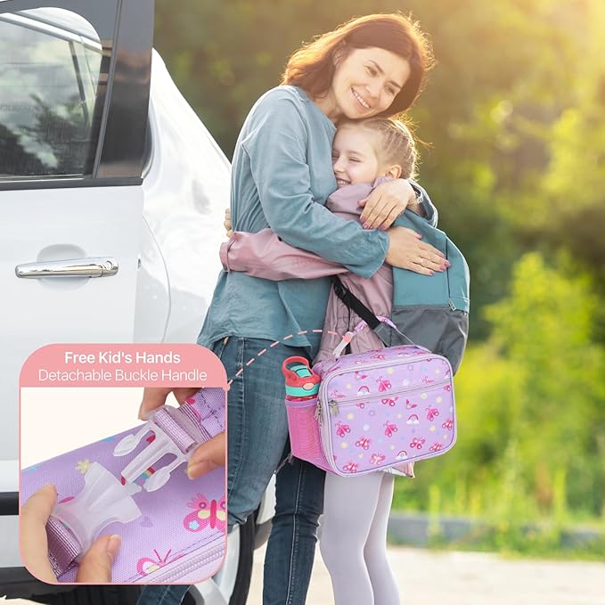 Bagseri Kids Lunch Bag for Girls - Insulated Kids Lunch Box for Daycare and School Reusable Meal Tote Bag with Water Bottle Holder, Easy-Clean Water-Resistant Fabric, Purple Butterfly