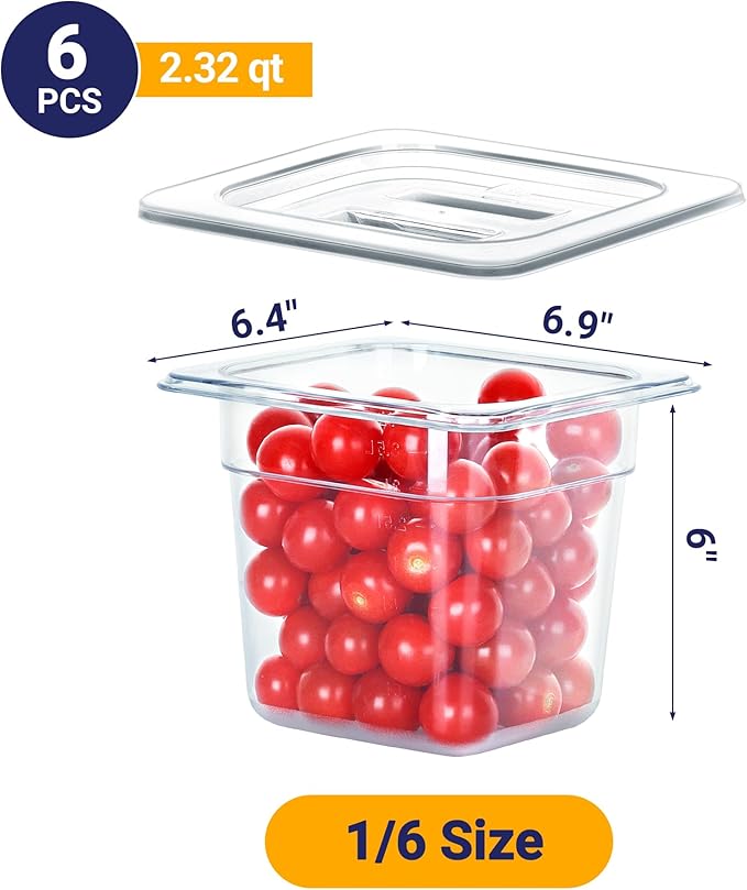 6 Pack NSF Food Pans with Lids, 1/6 Size 6'' Deep Commercial Food Storage Containers, Polycarbonate, Clear