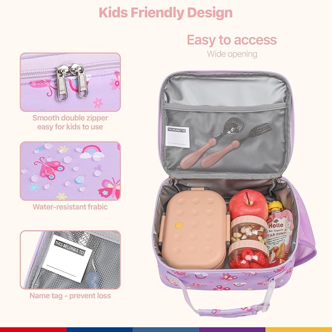 Bagseri Kids Lunch Bag for Girls - Insulated Kids Lunch Box for Daycare and School Reusable Meal Tote Bag with Water Bottle Holder, Easy-Clean Water-Resistant Fabric, Purple Butterfly