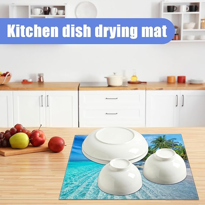 Beach Palm Tree Dish Drying Mat for Kitchen Counter Drying Pad Absorbent Reversible Dish Drainer Rack Mats Draining Pad 18"x24"Inch