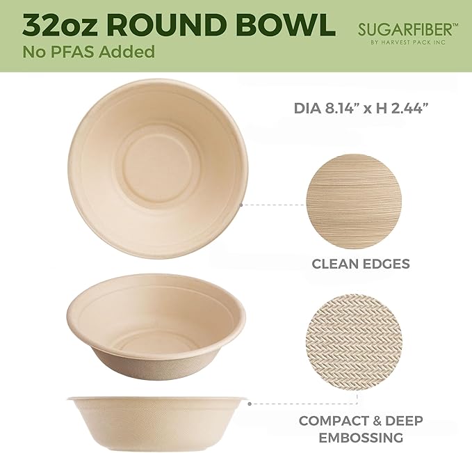 [500 COUNT]Harvest Pack PFAS FREE 32oz Compostable Round Paper Bowls with Dome Lids - Heavy-Duty Eco-Friendly Disposable Bagasse Salad Bowl Sugarcane made plant fibers for Meal Prep