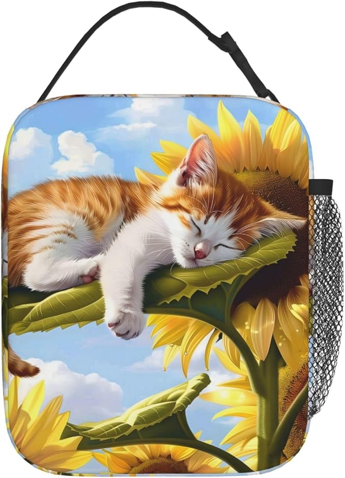 Reusable Cat Sunflower Lunch Box for Kids, Insulated Sleeping Kitten Bag,Polyester Cooler Pet Lovers Handbags Case for School Picnic Work Travel Beach or Hiking, Gifts